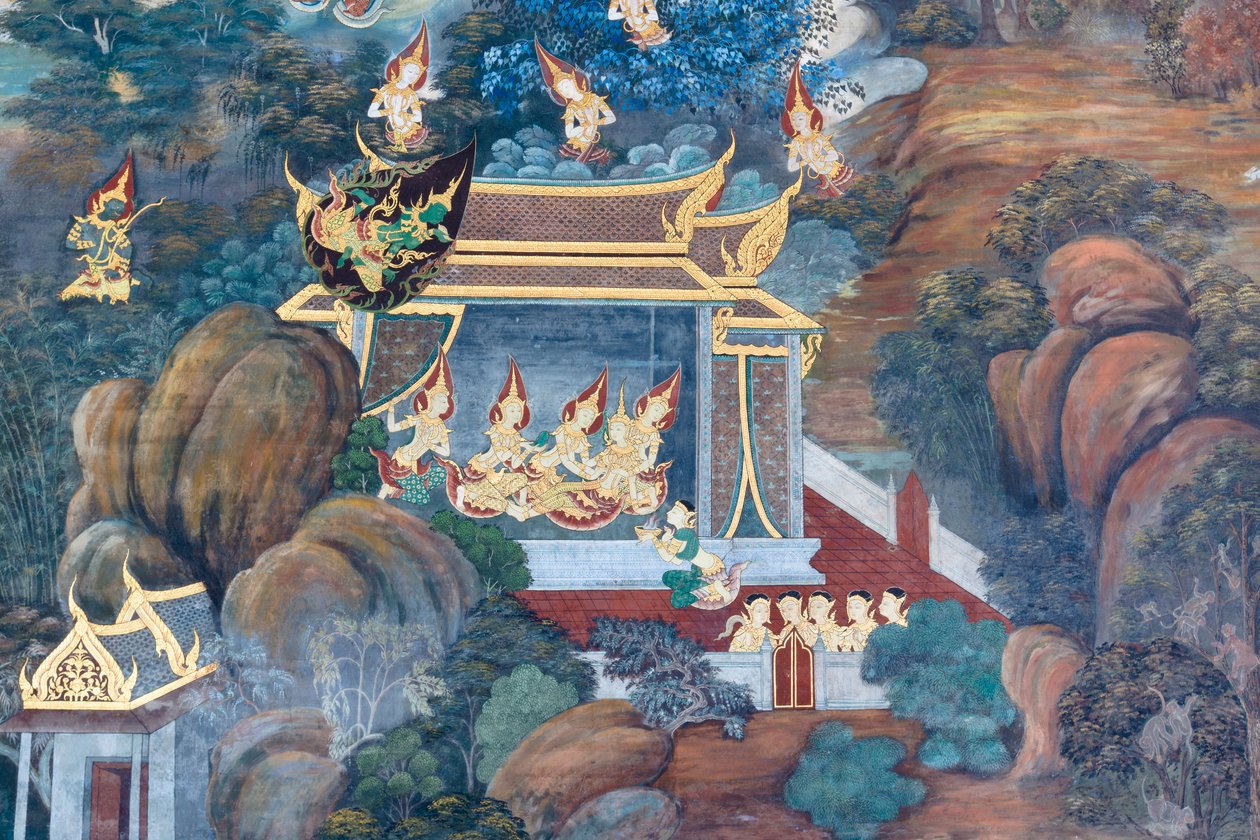Muurschildering met scènes uit de Ramayana in Wat Phra Kaeo, het Koninklijk Paleis, Bangkok, Thailand door Thai School
