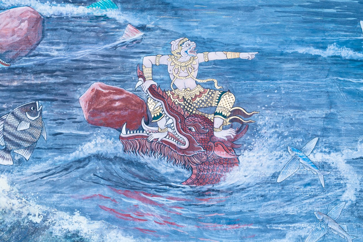 Muurschildering met scènes uit de Ramayana in Wat Phra Kaeo, het Koninklijk Paleis, Bangkok, Thailand door Thai School