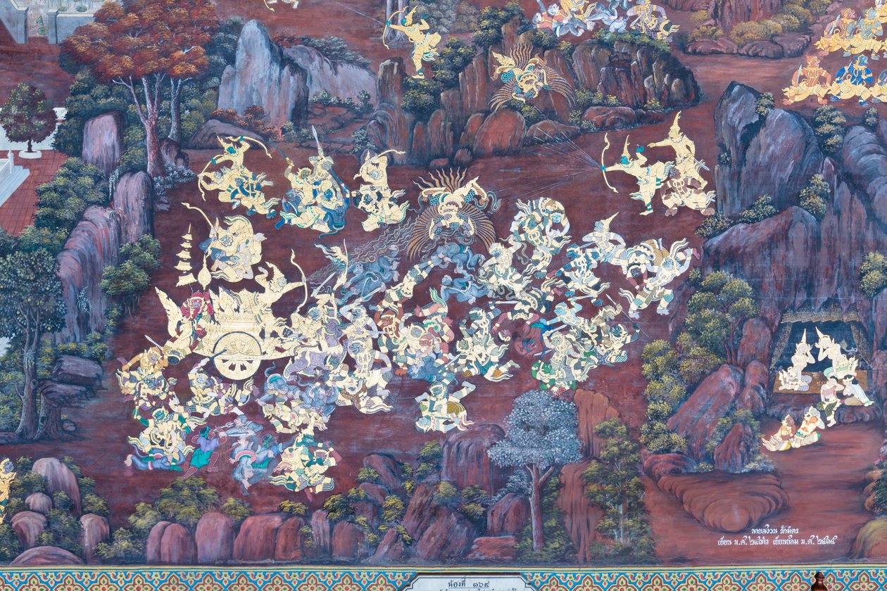 Muurschildering met scènes uit de Ramayana in Wat Phra Kaeo, het Koninklijk Paleis, Bangkok, Thailand door Thai School