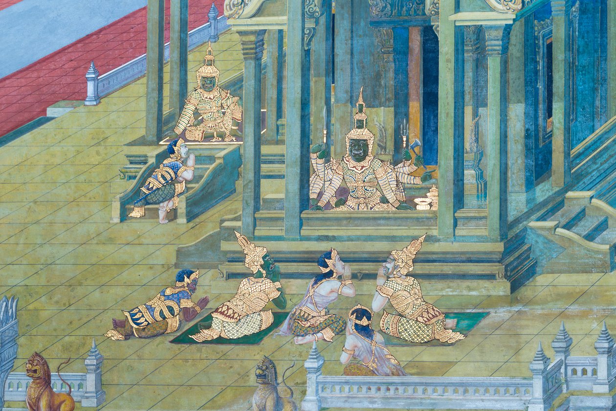 Muurschildering met scènes uit de Ramayana in Wat Phra Kaeo, het Koninklijk Paleis, Bangkok, Thailand door Thai School