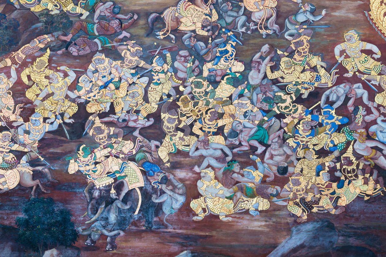Muurschildering met scènes uit de Ramayana in Wat Phra Kaeo, het Koninklijk Paleis, Bangkok, Thailand door Thai School