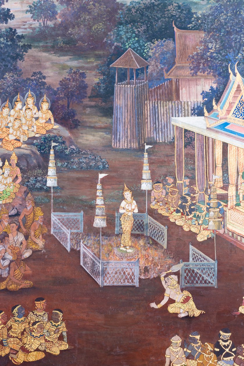 Muurschildering met scènes uit de Ramayana in Wat Phra Kaeo, het Koninklijk Paleis, Bangkok, Thailand door Thai School