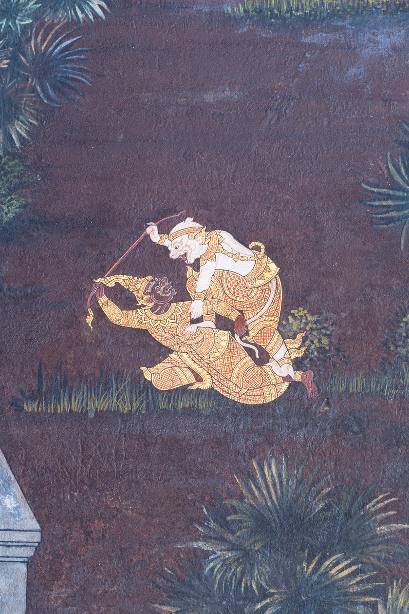 Muurschildering met scènes uit de Ramayana in Wat Phra Kaeo, het Koninklijk Paleis, Bangkok, Thailand door Thai School