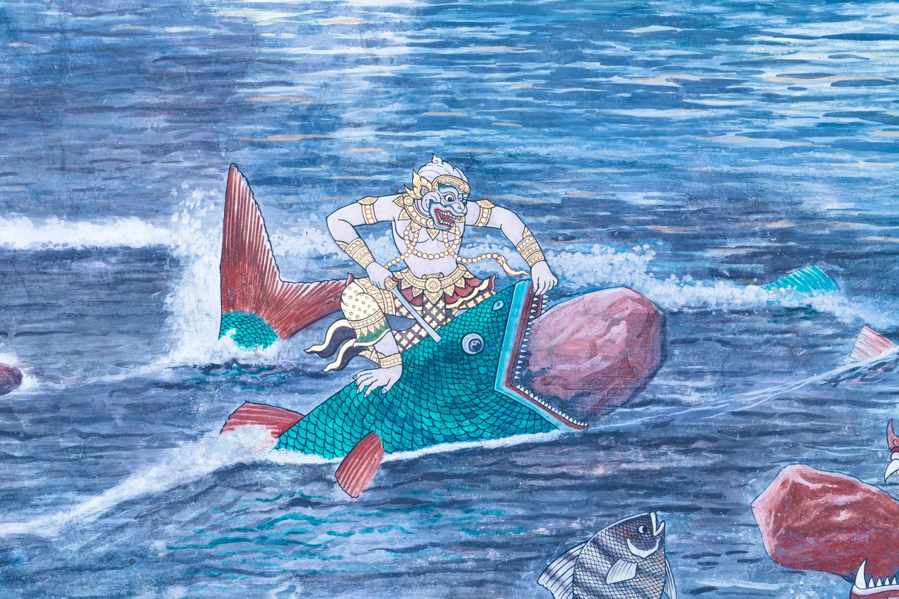 Muurschildering met scènes uit de Ramayana in Wat Phra Kaeo, het Koninklijk Paleis, Bangkok, Thailand door Thai School