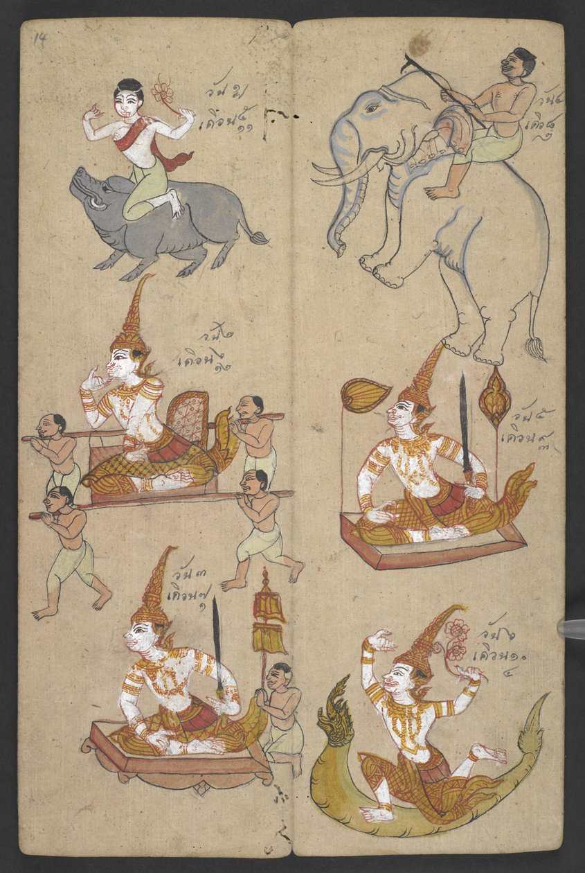 Or 16455 f.14r, Dieren uit de dierenriem, uit Phrommachat (perkament) door Thai School