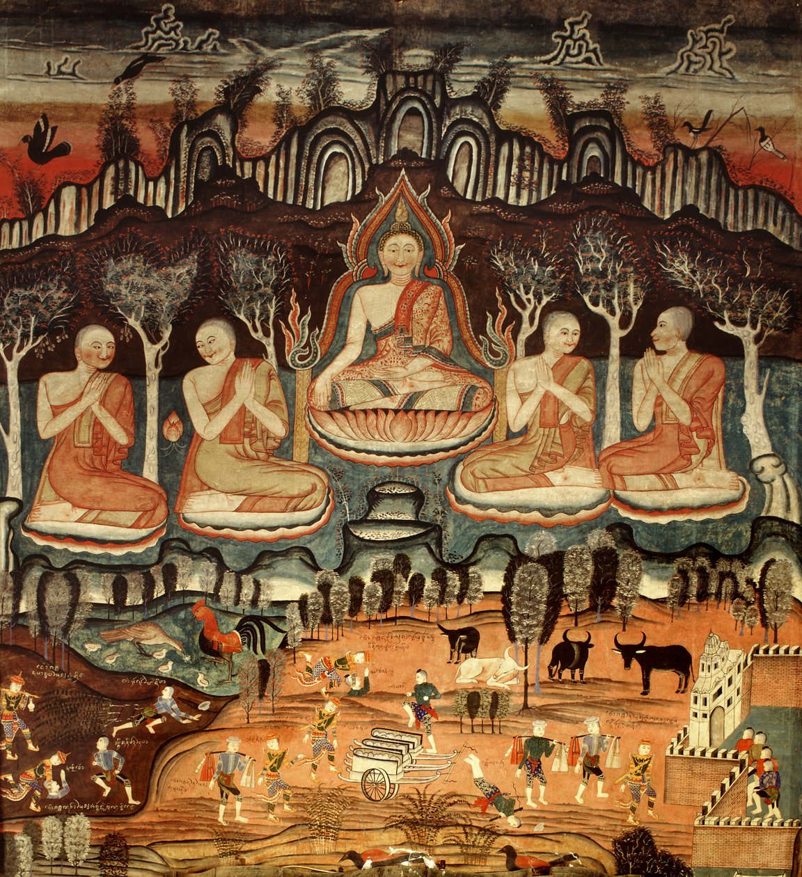De eerste preek en Khattana Kuman Jataka, 1867 door Thai School