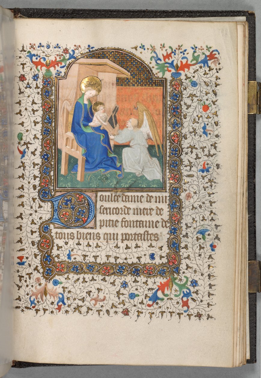 Getijdenboek Gebruik van Parijs: Fol. 198r, Madonna en Kind met Engel, ca. 1420 door The Bedford Master