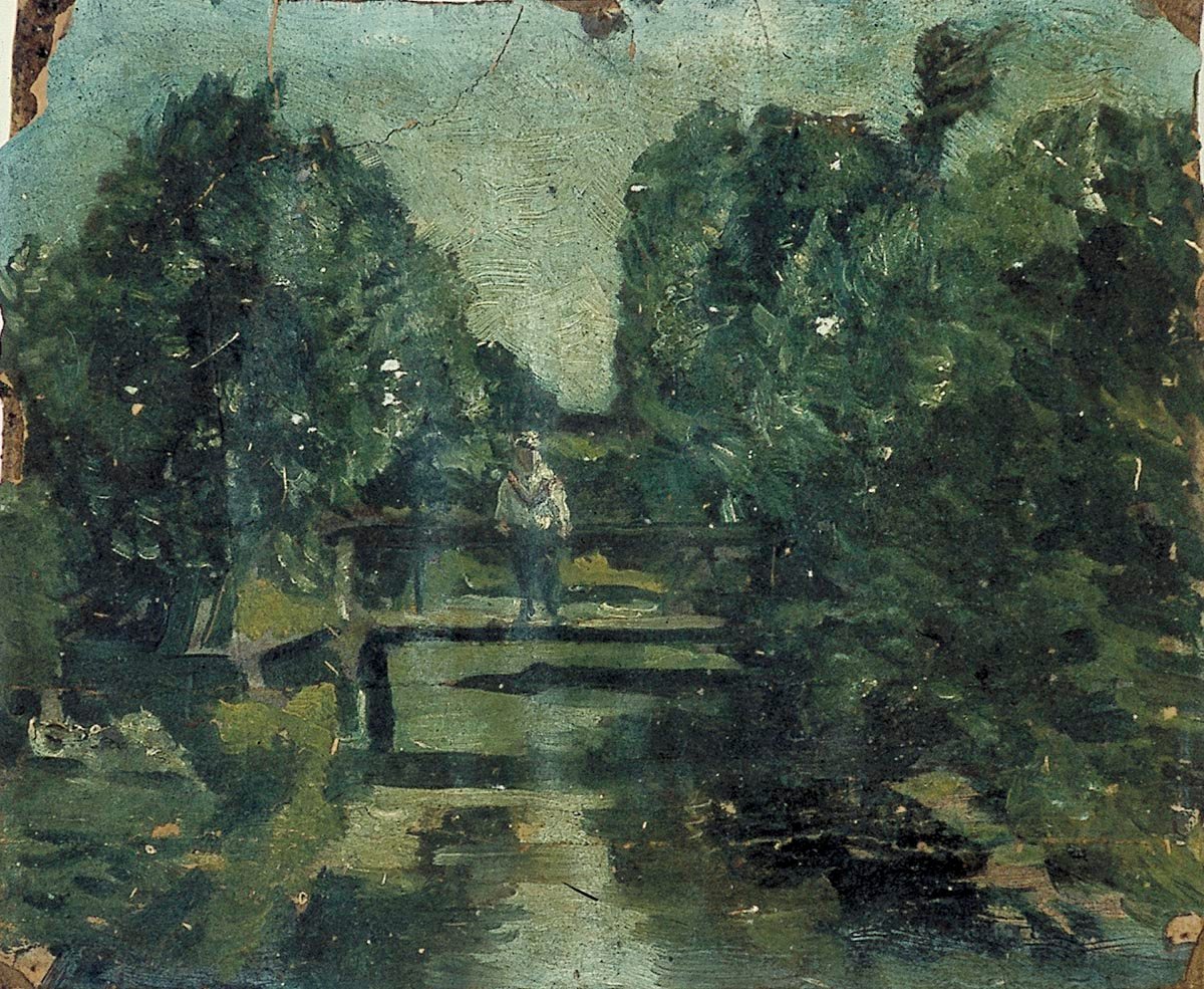 Figuur op een brug in een bos door Theo van Doesburg