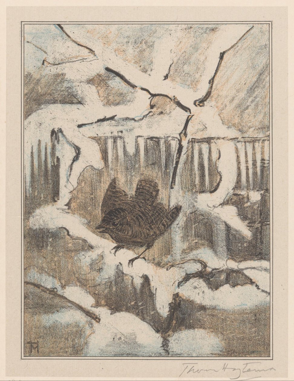 Winterkoninkje op besneeuwde tak door Theo van Hoytema (signed by artist)