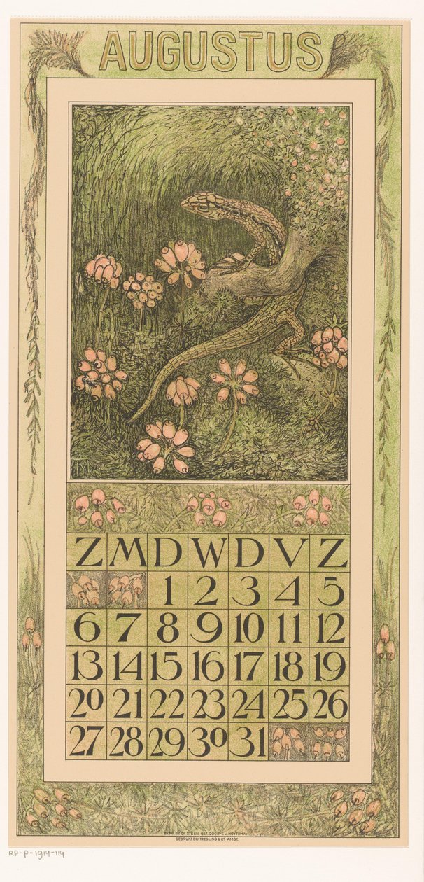 Kalenderblad augustus met hagedis en dopheide door Theo van Hoytema