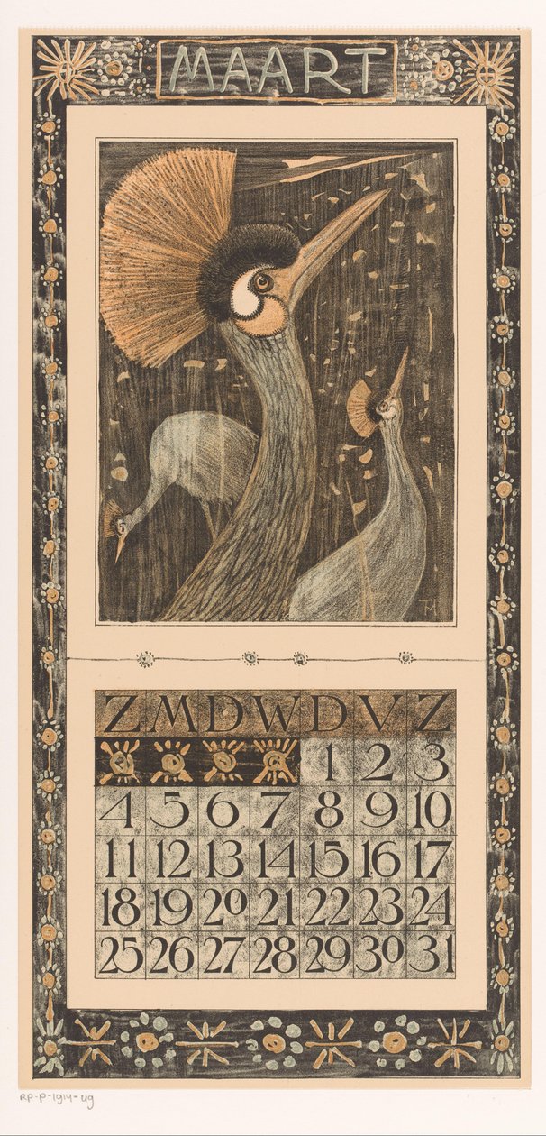 Kalenderblad maart met kroonkranen Kalender 1906 12 lithografien door Th. v. Hoytema (serie titel) door Theo van Hoytema