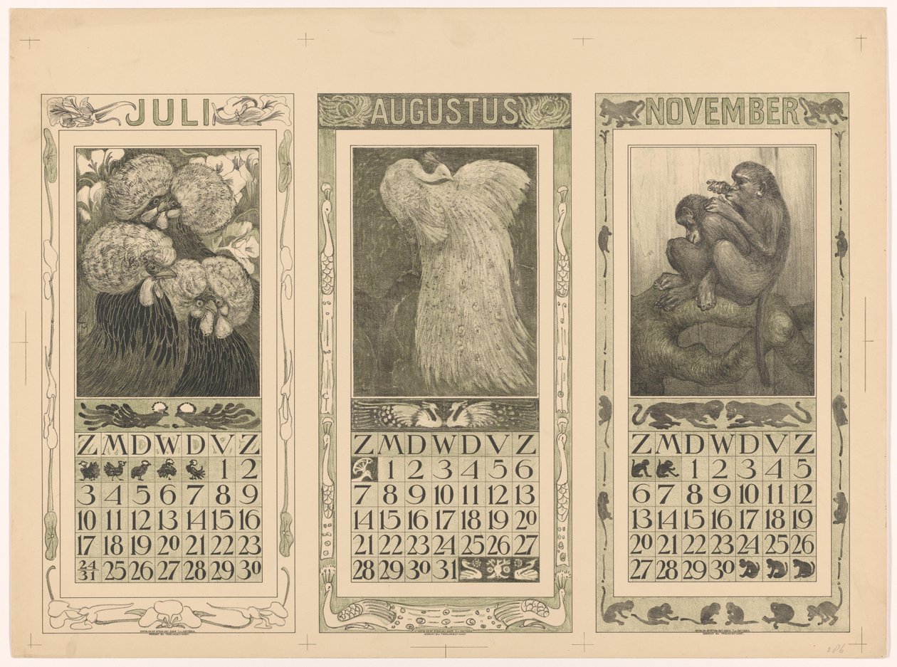Kalenders voor juli, augustus en november 1910 door Theo van Hoytema