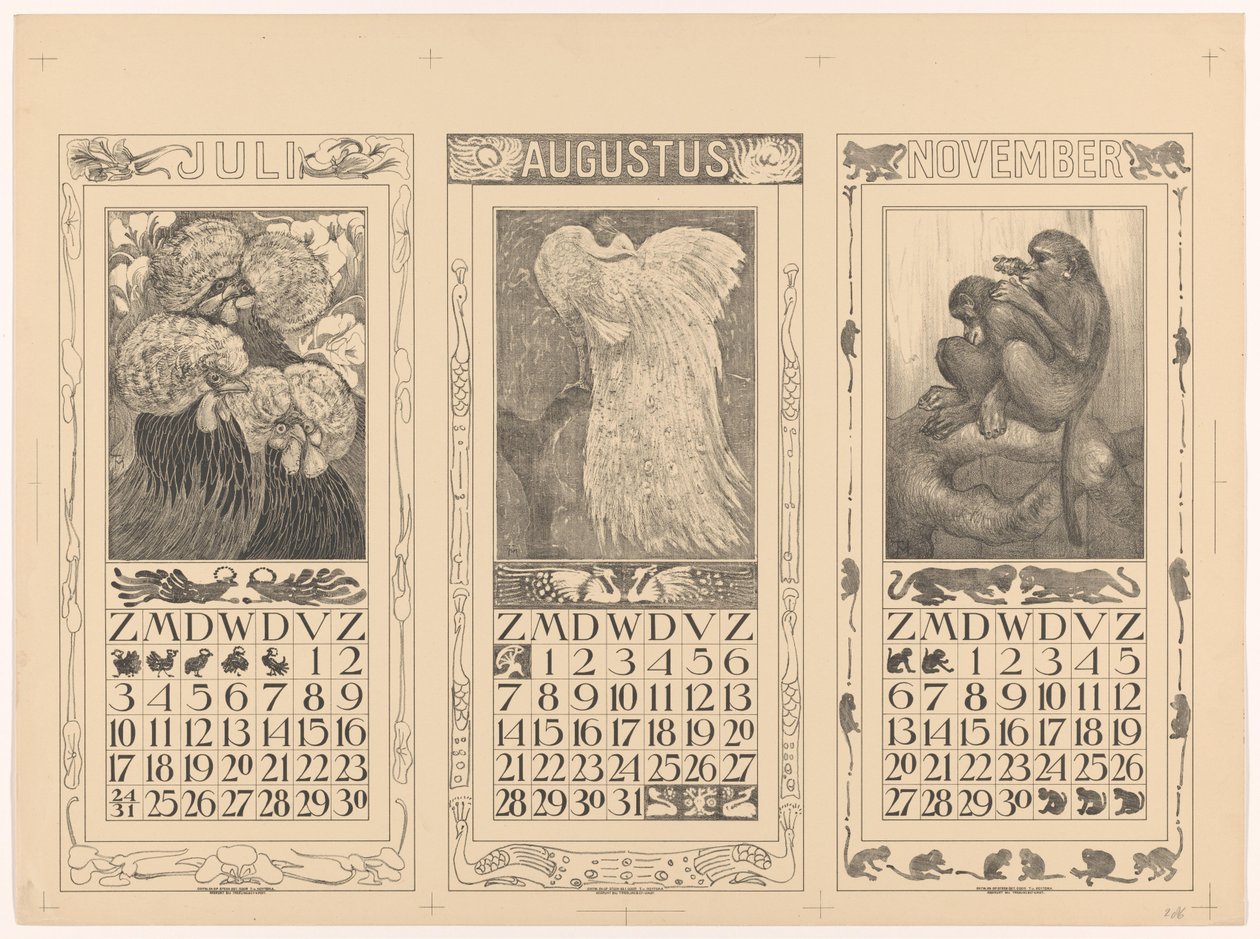 Kalenders voor juli, augustus en november 1910 door Theo van Hoytema