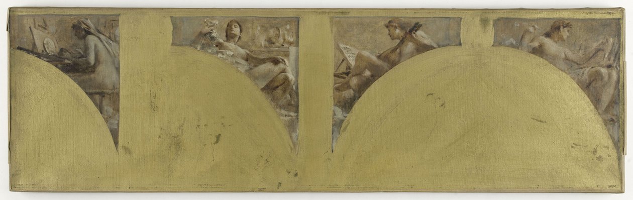 Schets voor de Salon des Arts van het Hôtel de Ville de Paris: Medaille graveren. Goudsmeden. Zingen. Muziek, circa 1891 door Theobald Chartran