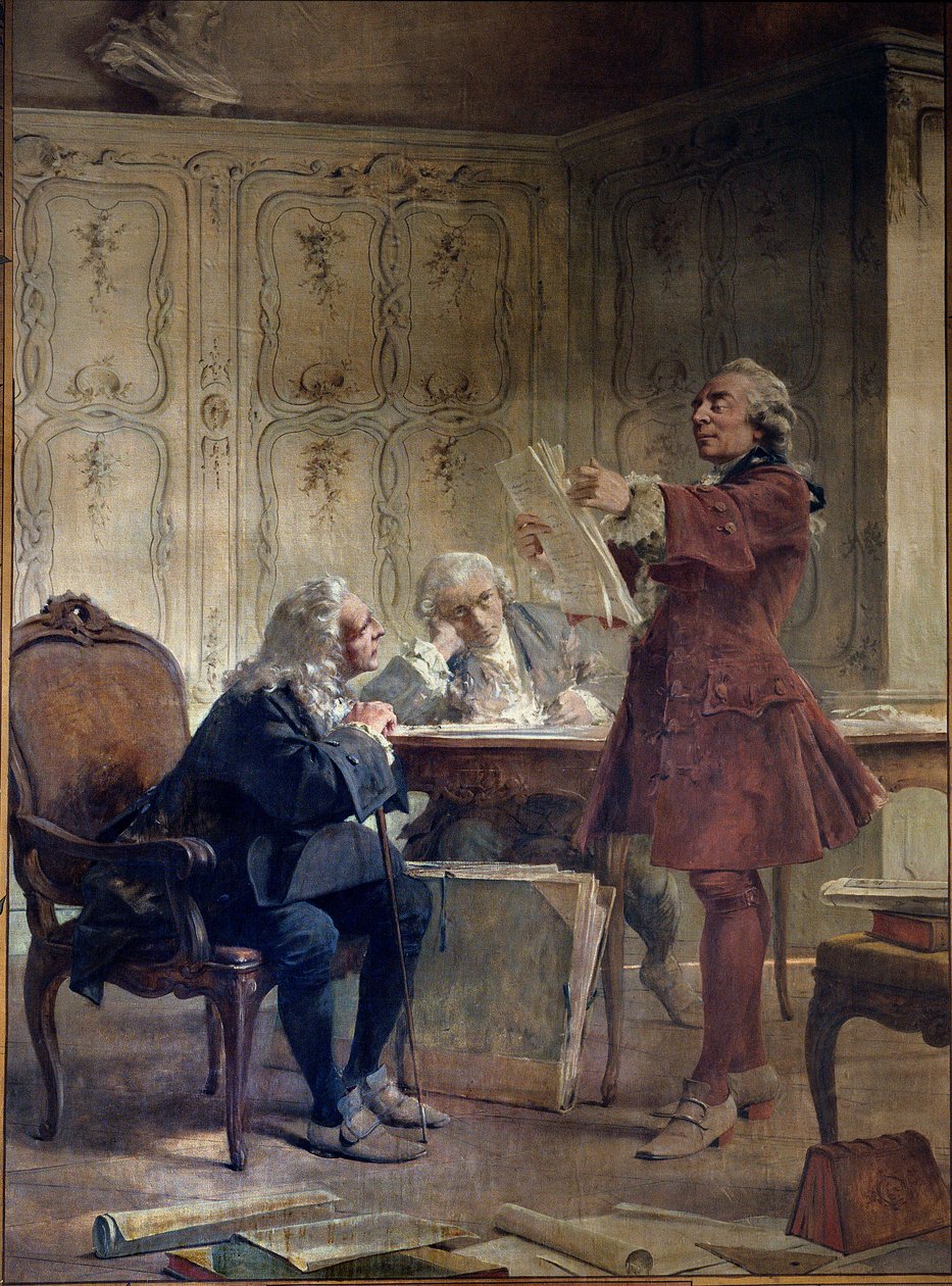 De naturalist en intendant van de Jardin du roi Georges-Louis Leclerc, Graaf van Buffon (1707-1788) leest de eerste bladen van zijn natuurhistorische werk voor aan de botanicus Bernard de Jussieu (1699-1777) en de naturalist Edme-Louis Daubenton (1732-17 door Theobald Chartran