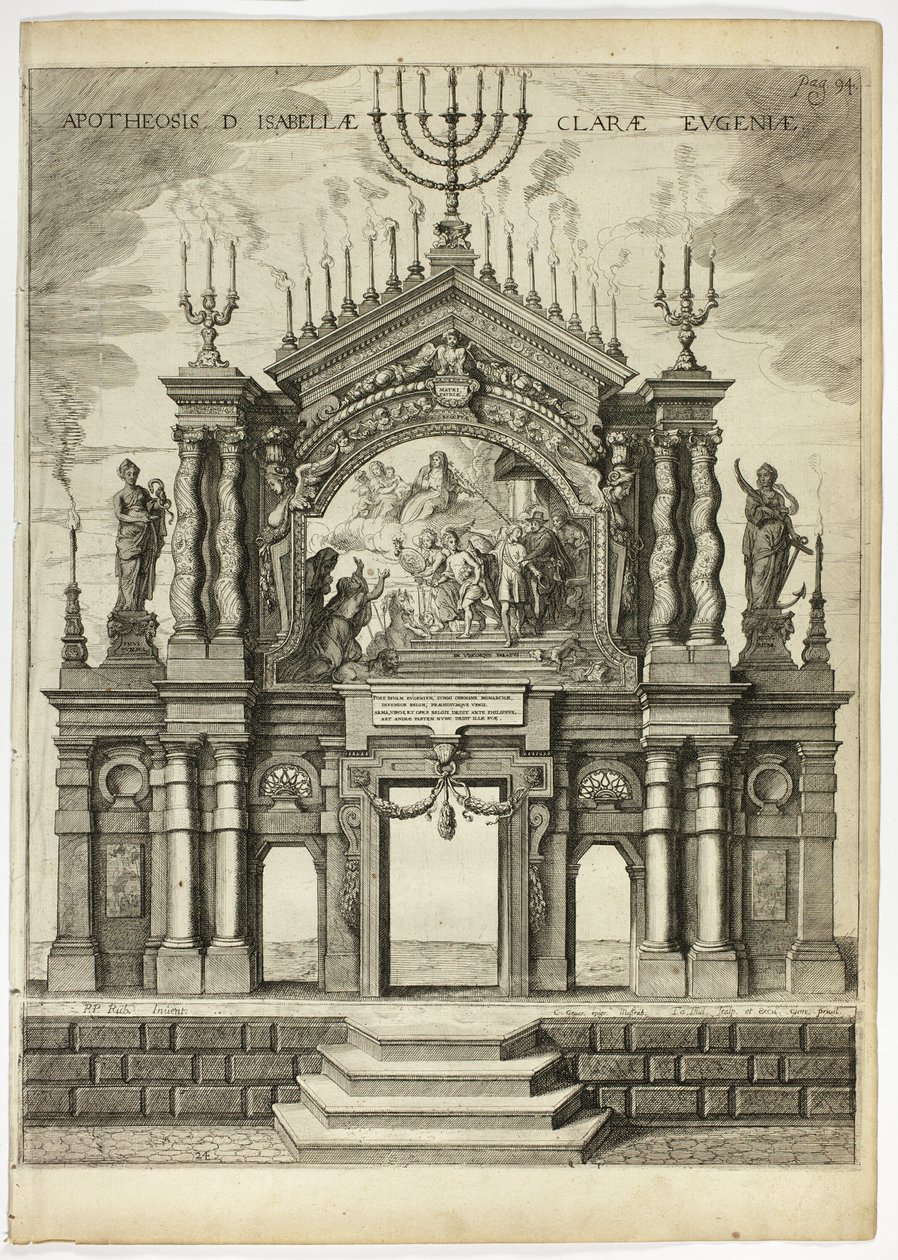 Podium ter Herinnering aan Isabella Clara Eugenia, plaat 24 uit Casperius Gevartius, Pompa Introitus Honori Serenissimi Principis Ferdinandi (Triomfantelijke Intocht van de Zeer Serene en Eervolle Kardinaal-Infant Ferdinand) door Theodoor van Thulden
