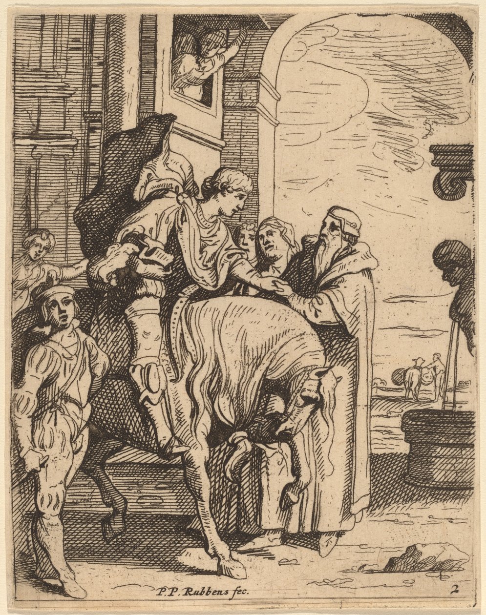 De verloren zoon neemt afscheid van zijn vader door Theodoor van Thulden after Sir Peter Paul Rubens
