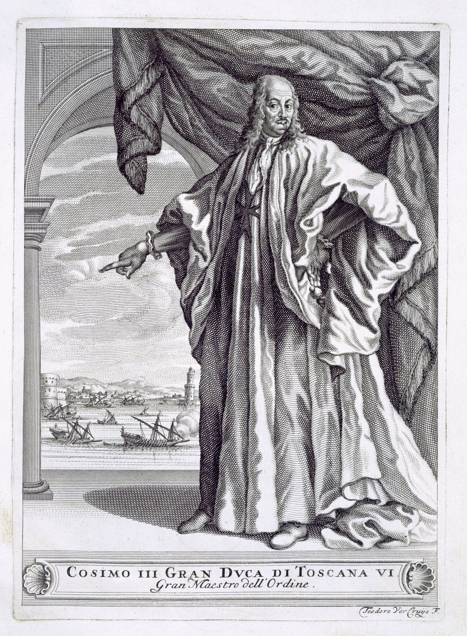 Portret van Cosimo III de Medici (1642-1723), frontispice uit I Pregi della Toscana, door Fulvio Fontana, gepubliceerd 1701 door Theodor Verkruis