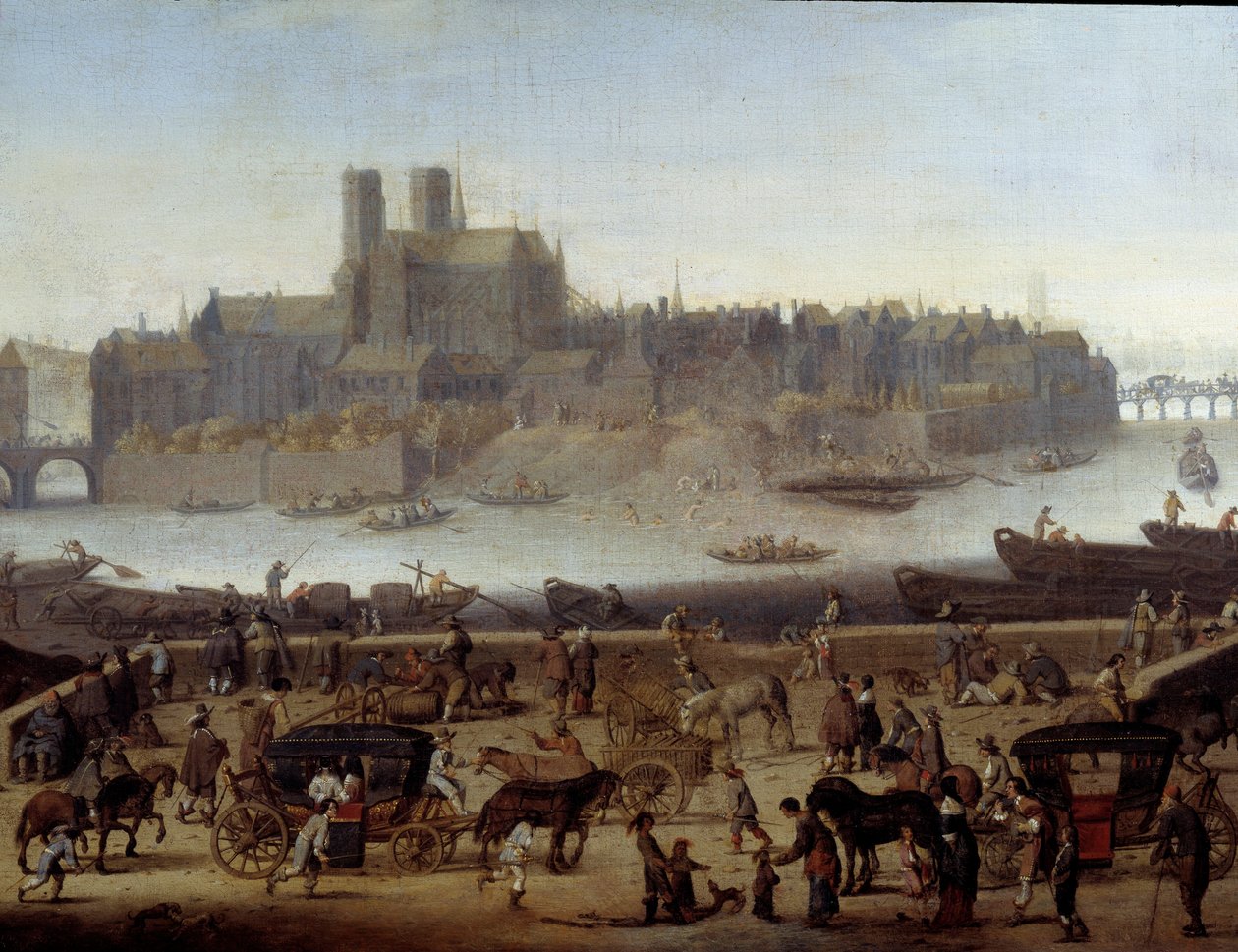 Le quai et le pont de la Tournelle à Paris (detail). Uitzicht op de dokken en het eiland La Cité. Toegeschreven aan Theodor Matham (1646) Parijs, musee Carnavalet door Theodor (attr. to) Matham