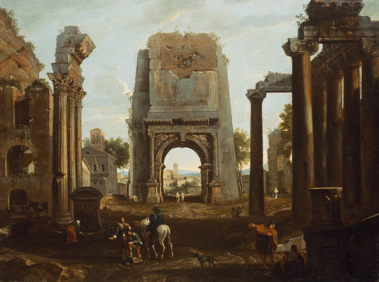 Een Capriccio van Romeinse Ruïnes met de Boog van Titus en Figuren door Theodor (circle of) Helmbreker