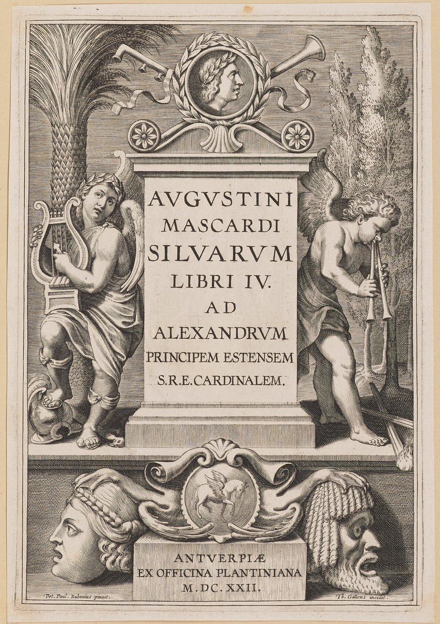 Titelpagina voor Agostino Mascardi, Silvarium Libri IV door Theodor Galle after Sir Peter Paul Rubens