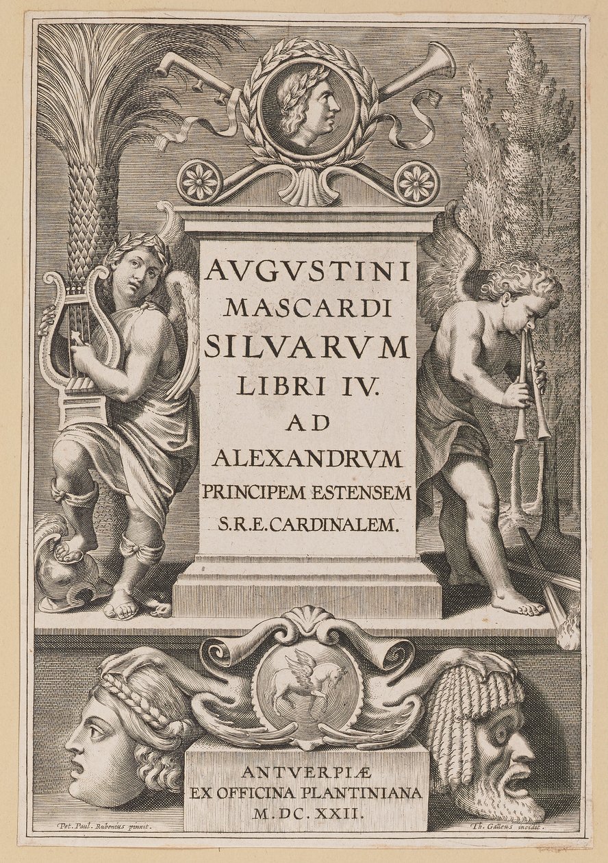 Titelpagina voor Agostino Mascardi, Silvarium Libri IV door Theodor Galle after Sir Peter Paul Rubens