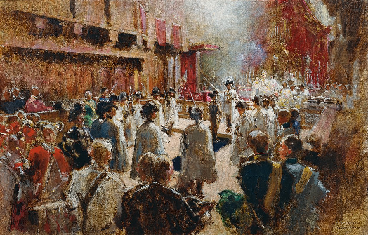De ridderslag van graaf Boos-Waldeck door de grootmeester van de Duitse Orde, aartshertog Eugen in de Hofkerk in Innsbruck door Theodor Josef Ethofer