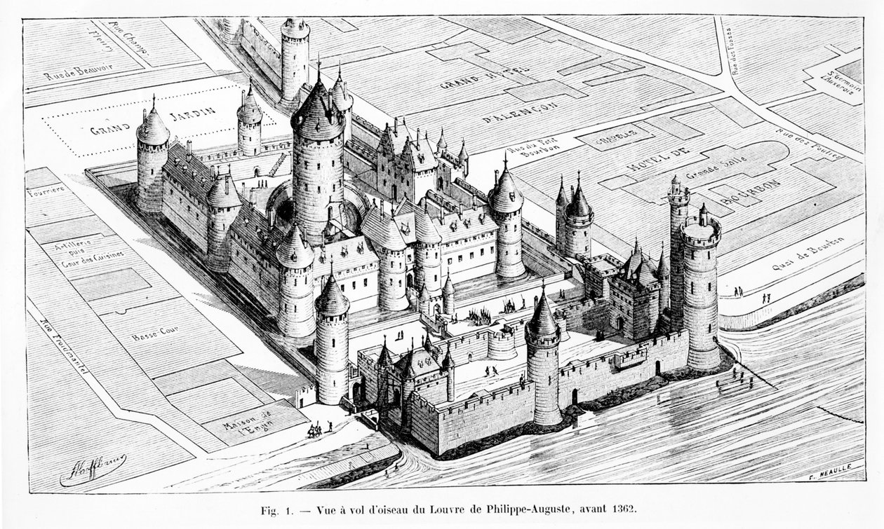 Vogelperspectief van het Louvre tijdens het bewind van Karel V (1464-80), 1882 door Theodor Josef Hubert Hoffbauer