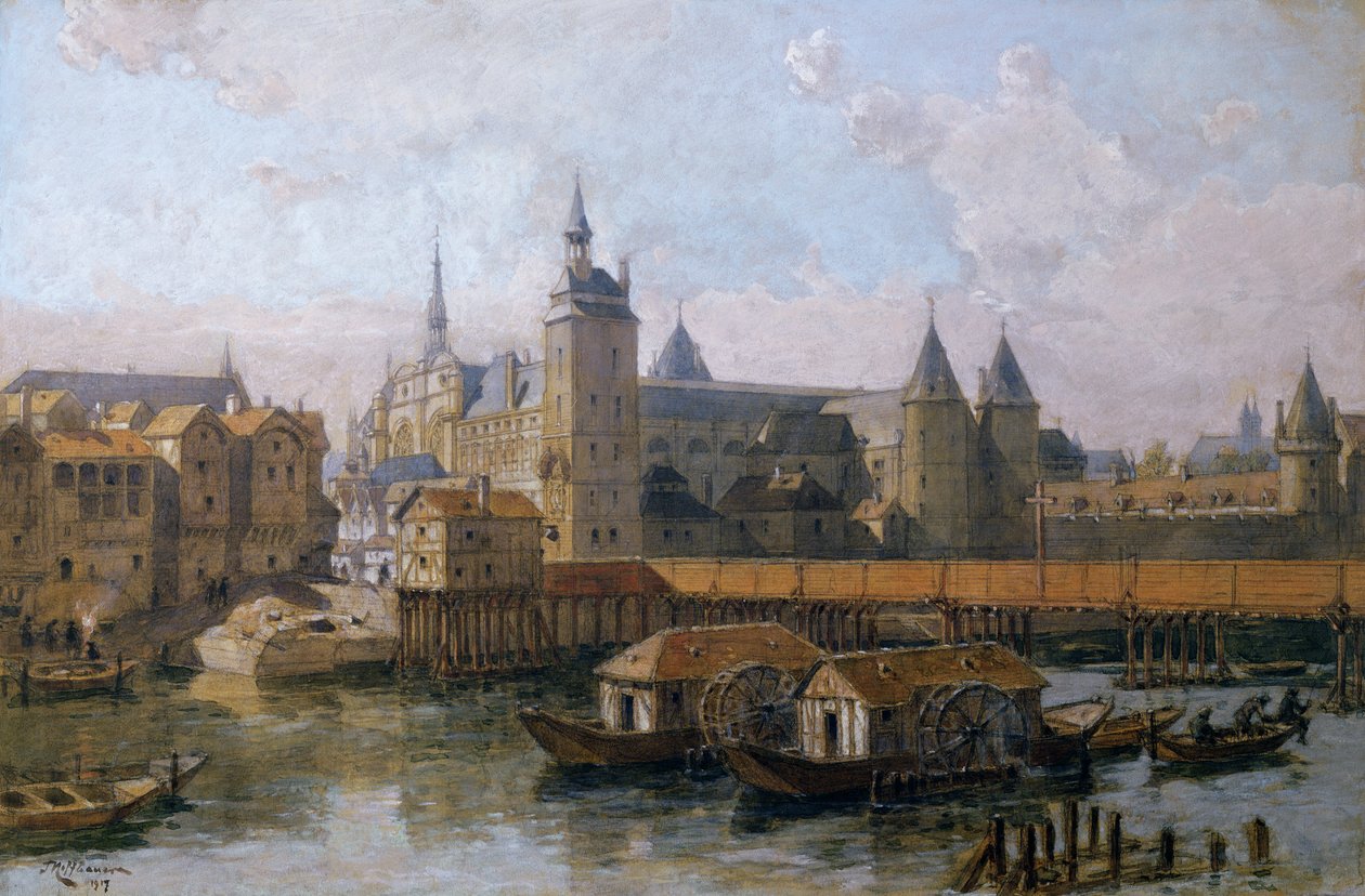 Het Ile de la Cité en het Palais de Justice (voorheen het Palais Royal) in de 16e eeuw door Theodor Josef Hubert Hoffbauer
