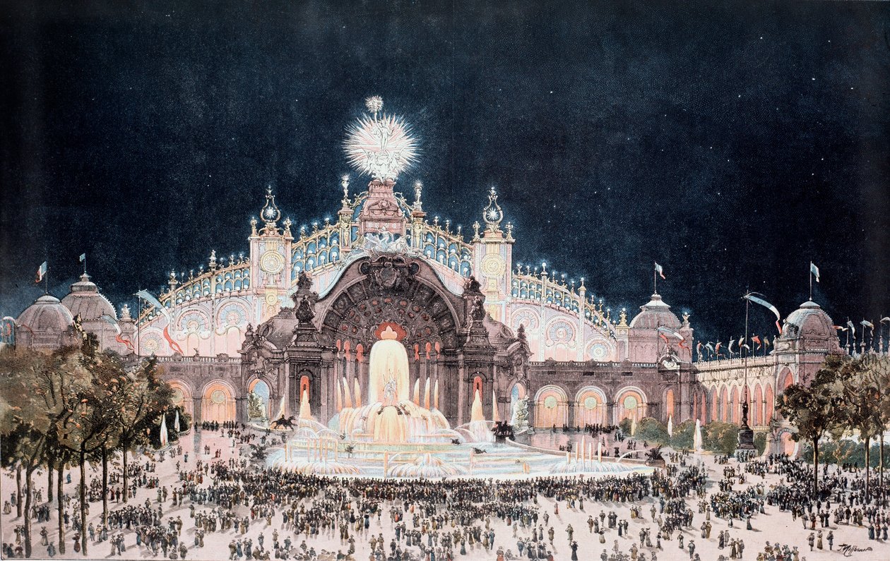 Wereldtentoonstelling, uitzicht op het paleis van elektriciteit en waterkasteel, Parijs (Prent) door Theodor Josef Hubert Hoffbauer