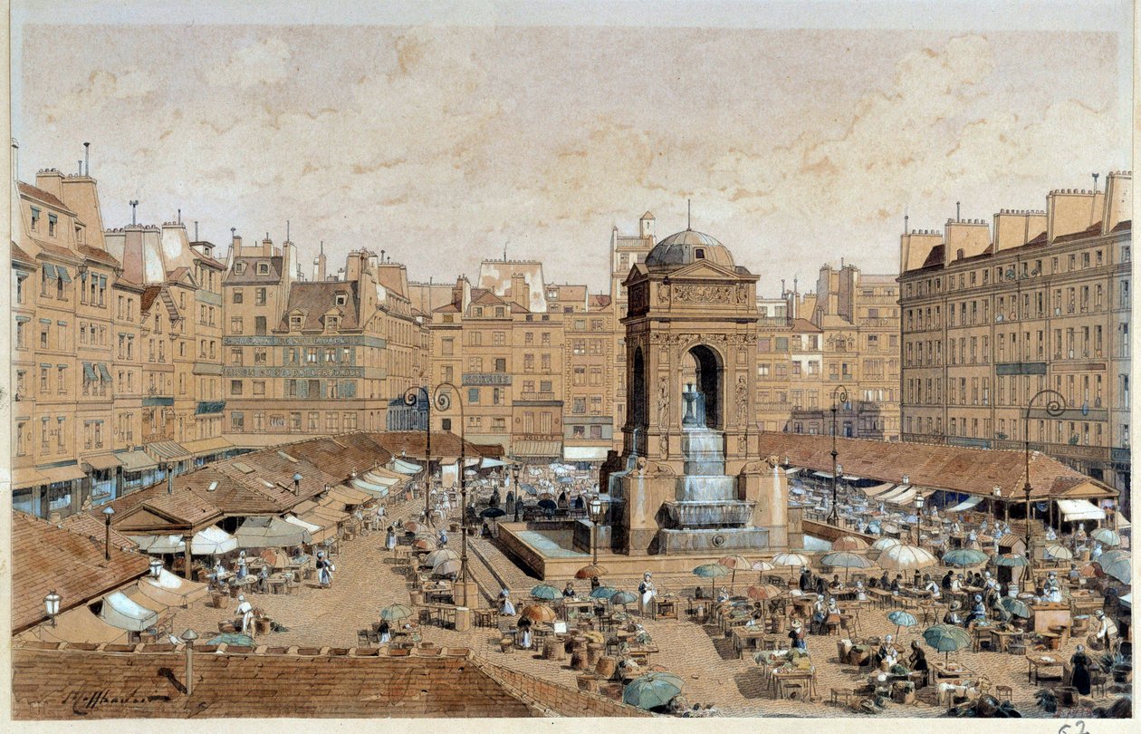 Gezicht op de Marche en de fontein van de onschuldigen in Parijs in de 19e eeuw. Aquarel door Theodore Joseph Hubert Hoffbauer (1839-1922) 19e eeuw Parijs, Musee Carnavalet door Theodor Josef Hubert Hoffbauer