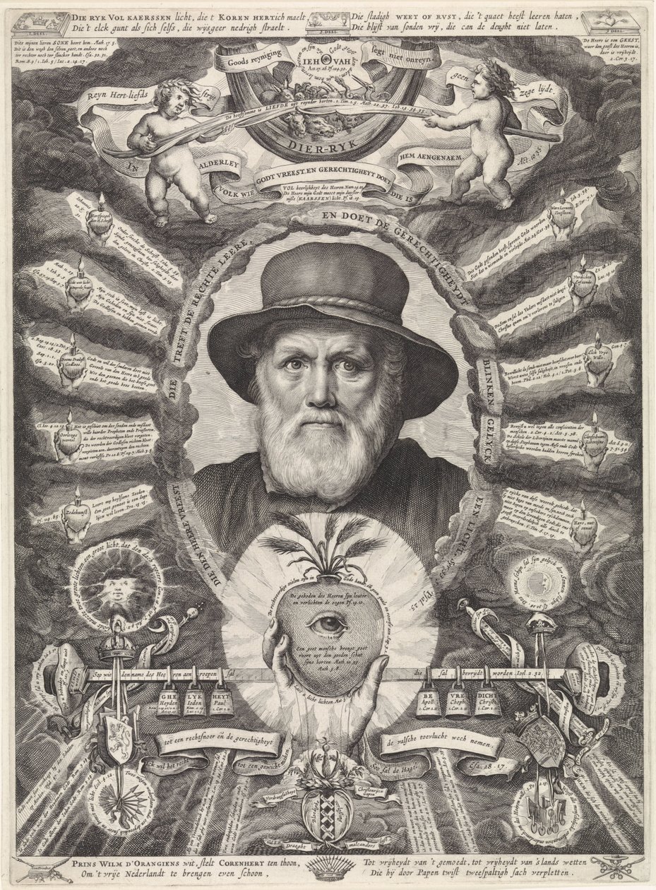 Portret van Dirck Volckertsz. Coornhert in allegorische omlijsting door Theodor Matham