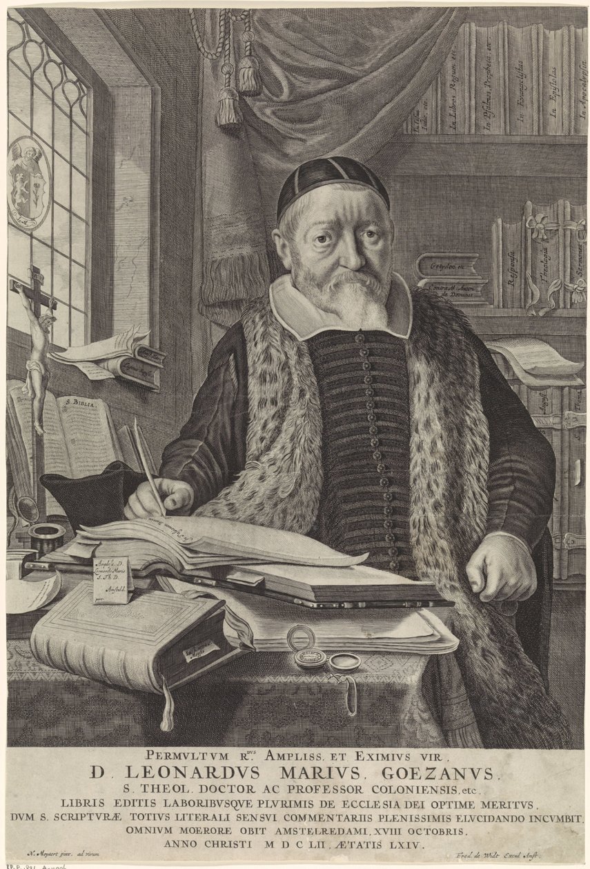Portret van Leonard Marius van der Goes in een studeervertrek door Theodor Matham