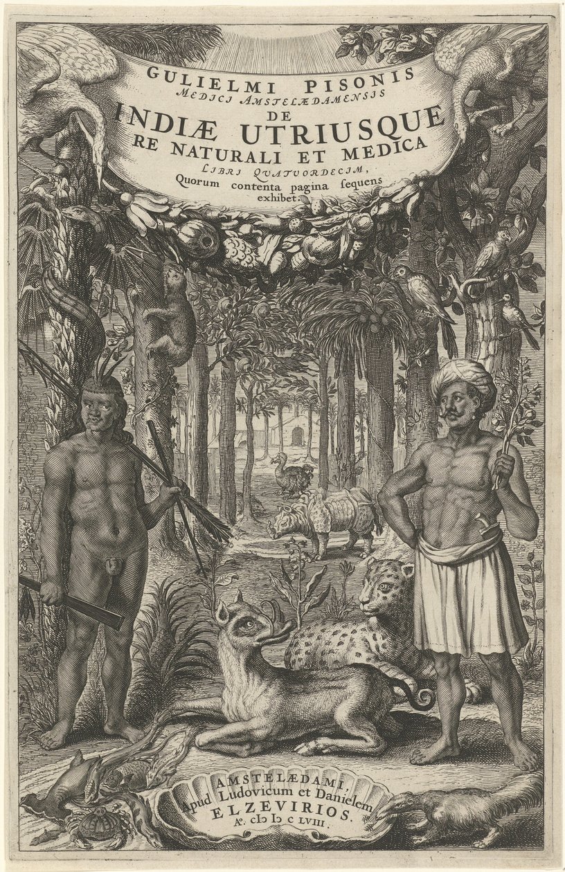 Twee mannen en wilde dieren voor een bos door Theodor Matham