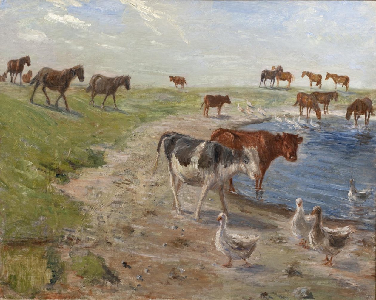 Kalfjes en ganzen bij een drinkplaats op het eiland Saltholm door Theodor Philipsen