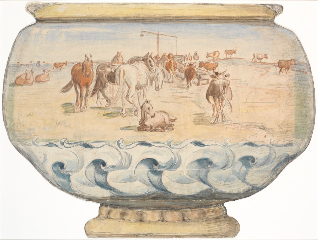 Paarden en koeien bij de Hollandse bron op Saltholm (schets voor punchkom) door Theodor Philipsen