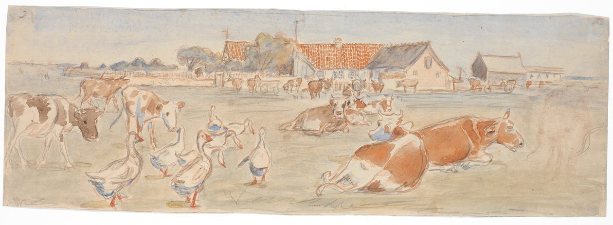 Koeien en ganzen bij Nyværk op Saltholm (schets voor decoratie van punchkom) door Theodor Philipsen