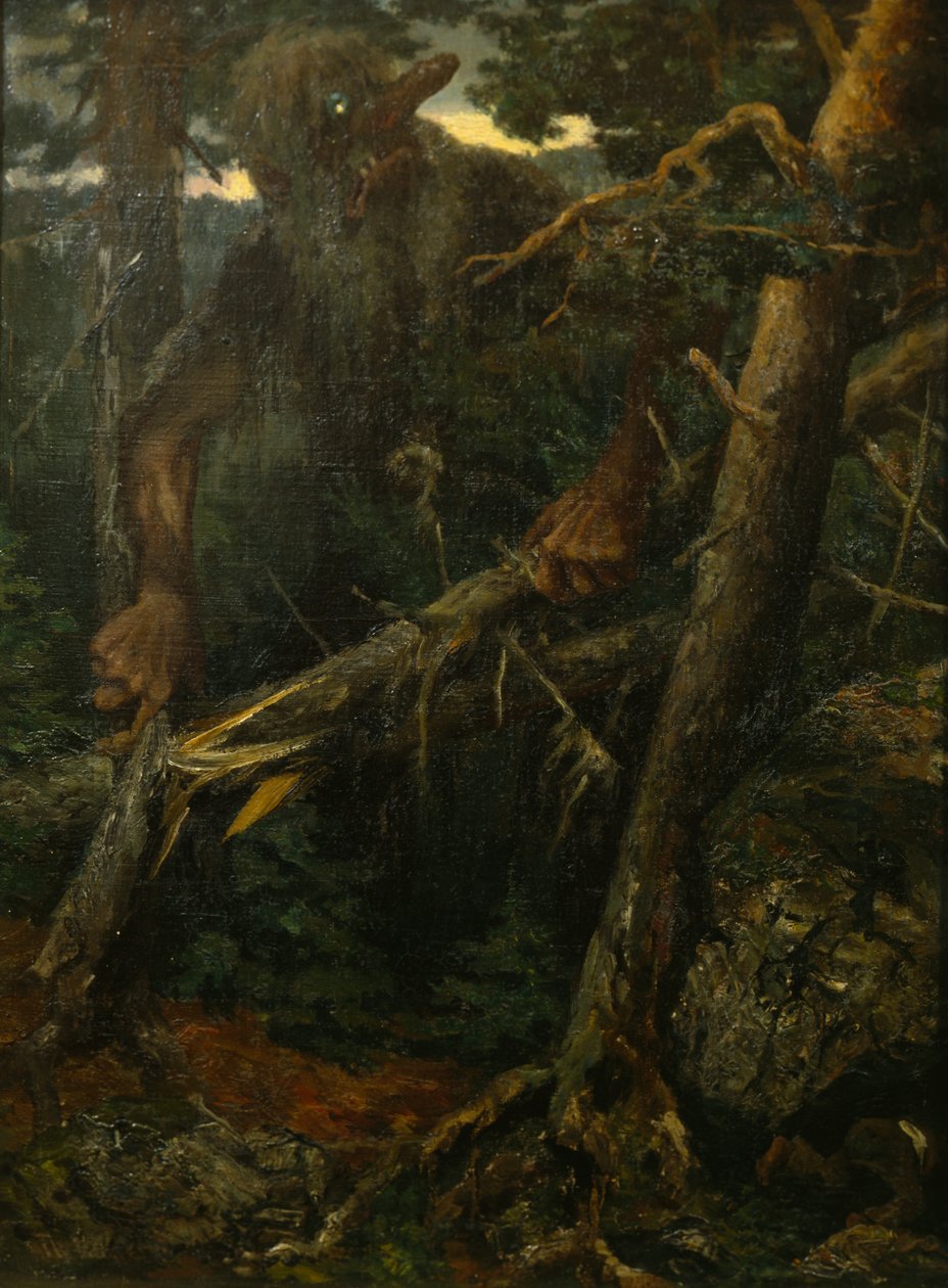 Oude trol breekt bomen in het bos door Theodor Kittelsen
