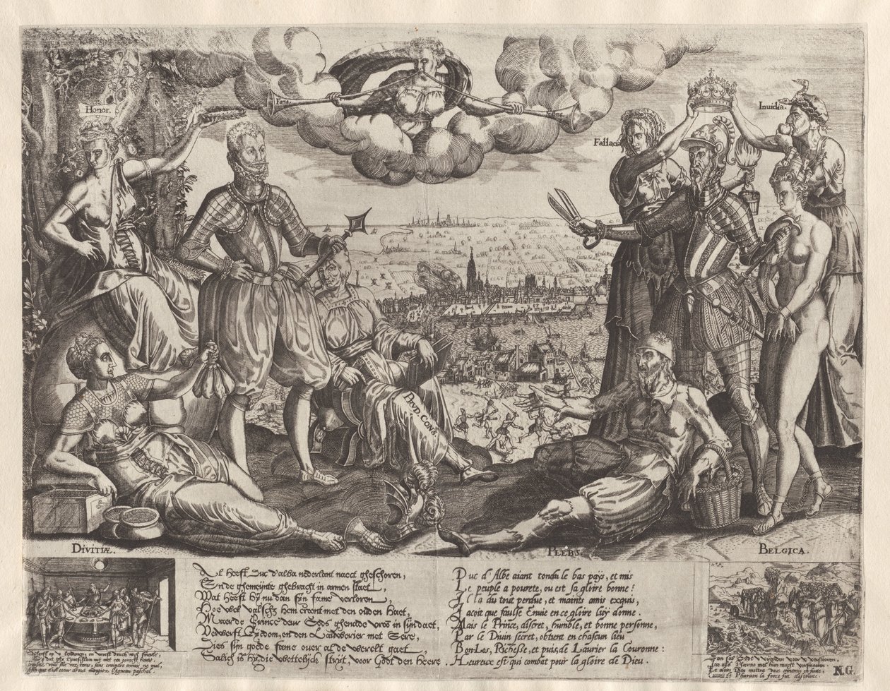 Vergelijking tussen Oranje en Alva, met op de achtergrond de Spaanse Furie, ca. 1577 door Theodor de Bry (attributed to)