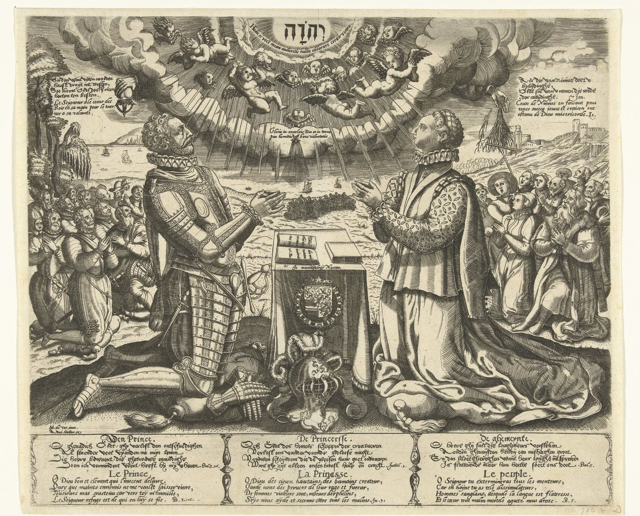 Willem van Oranje en Charlotte van Bourbon knielend in landschap door Theodor de Bry (attributed to)
