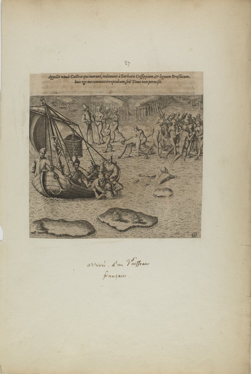 Appellit navis gallicai: qui inerant, redimunt a barbaris gossip pium... (uit boek, Americae, deel drie) door Theodor de Bry