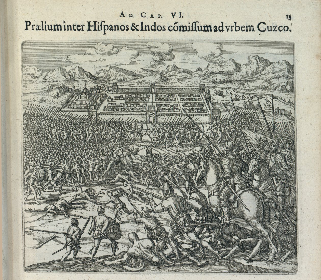 Slag tussen de Spanjaarden en de Indianen bij de poorten van Cuzco, 1596 door Theodor de Bry