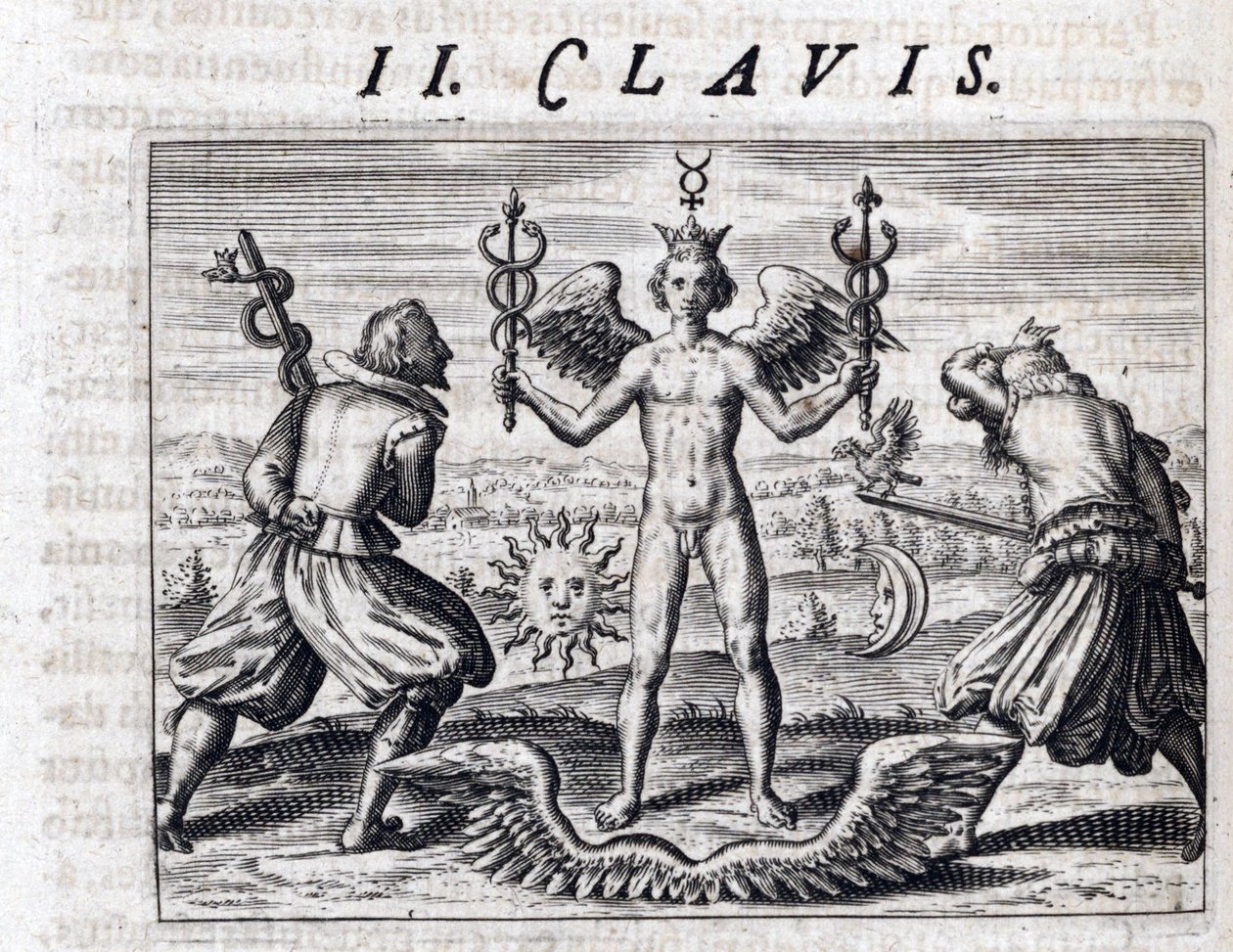 Symbolische compositie van de alchemie, een naakte jonge man, gevleugeld en gekroond, zwaait met twee caducees, omringd door de Maan en de zon, tegenover gewapende mannen met zwaarden die een adelaar en een slang dragen - Gravure door Theodore de Bry (1528 door Theodor de Bry