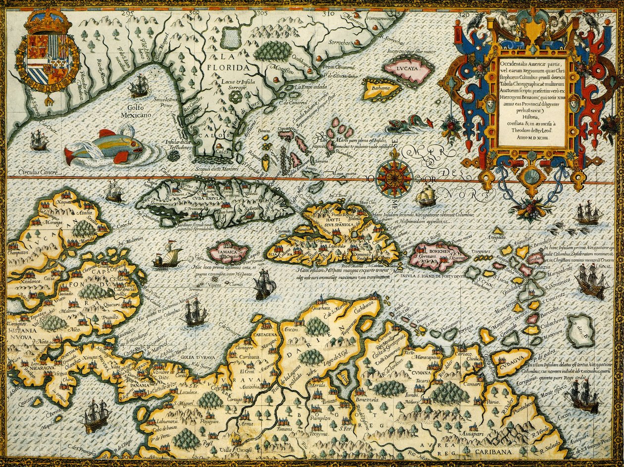 DeBry Kaart van Caribisch gebied  Florida1594 door Theodor de Bry