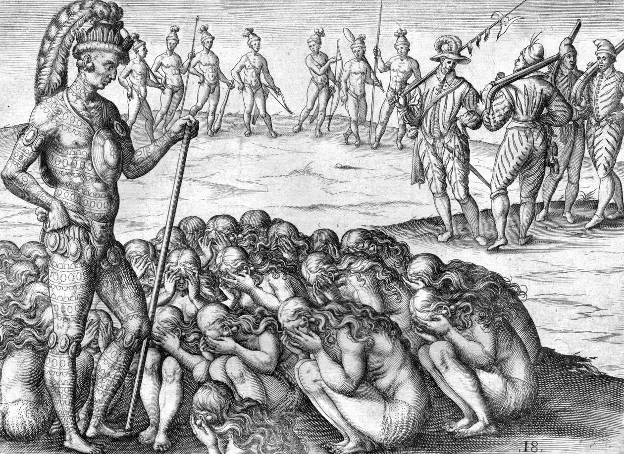 Indiase gevangenen saturiwa door indianen potano door Theodor de Bry