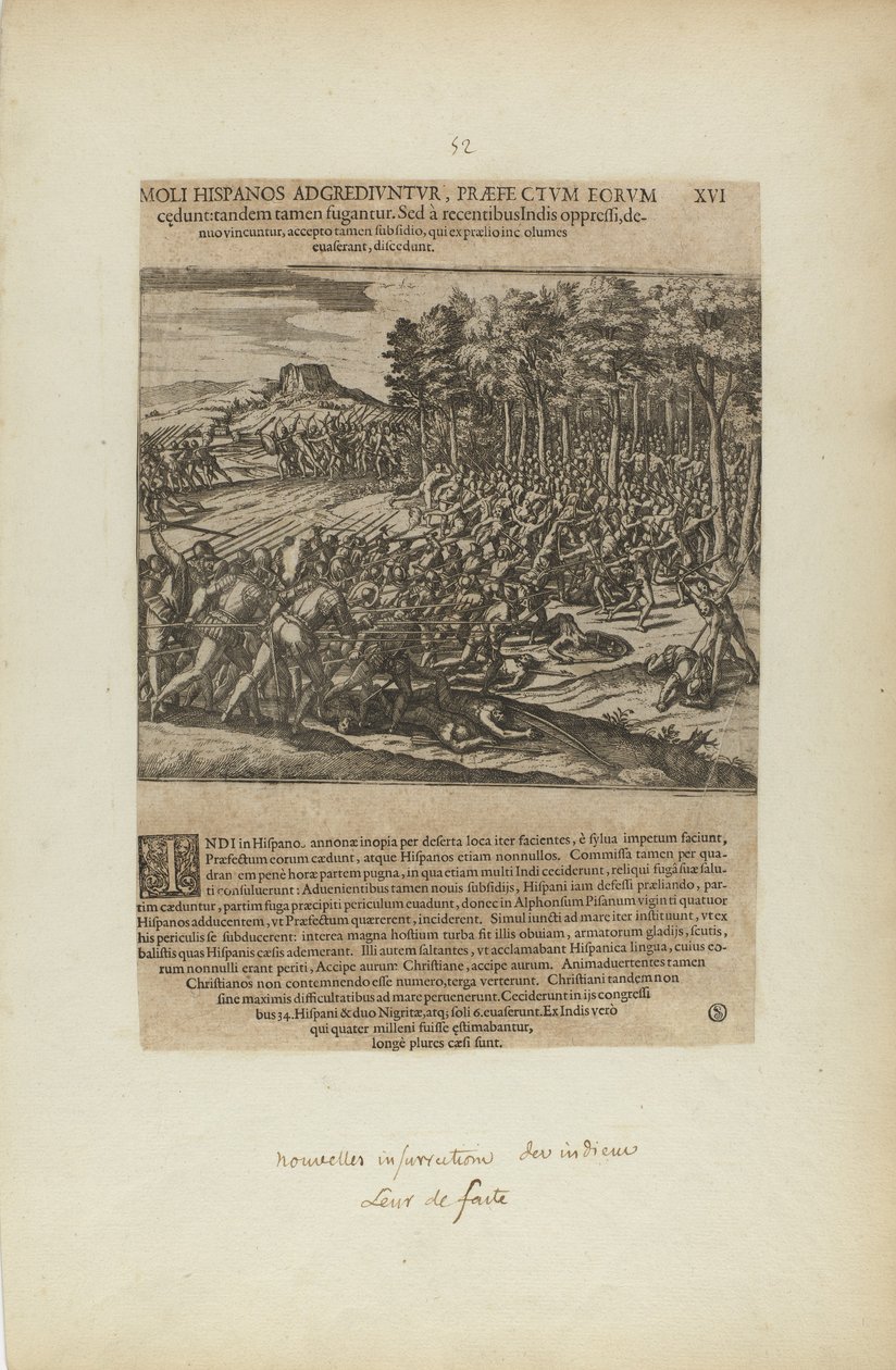 Moli Hispanos Adgrediuntur, Praefe Ctum Eorum/Cedunt: Tandeum.... (uit boek, Americae, deel vijf) door Theodor de Bry