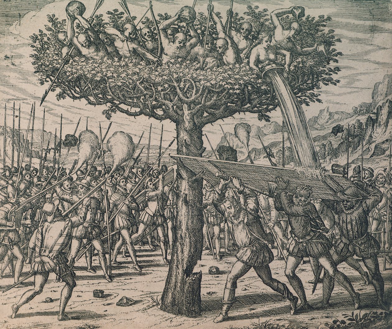 Inboorlingen verbergen zich in de bomen en vechten tegen de veroveraars door Theodor de Bry