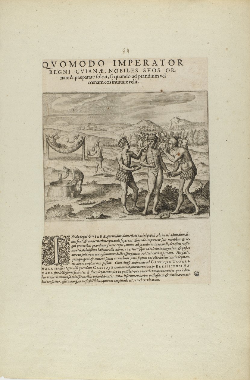 Quomodo Imperator/Regni Guianae, Nobiles Suos Or-/Nare.... (uit boek, Americae, delen zeven en acht) door Theodor de Bry