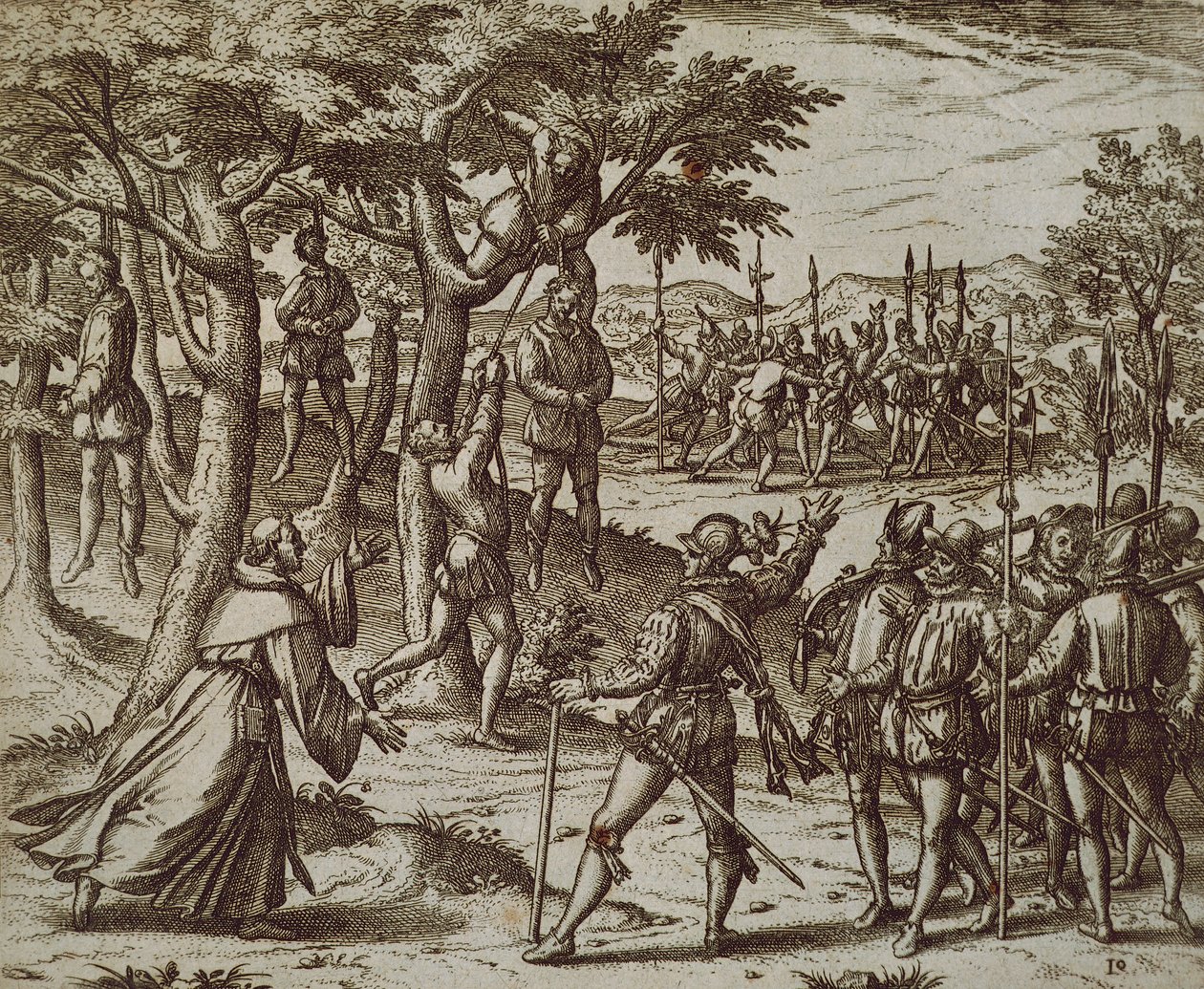 Veroordeling tot ophanging van enkele mannen van Christoffel Columbus in de Nieuwe Wereld door Theodor de Bry