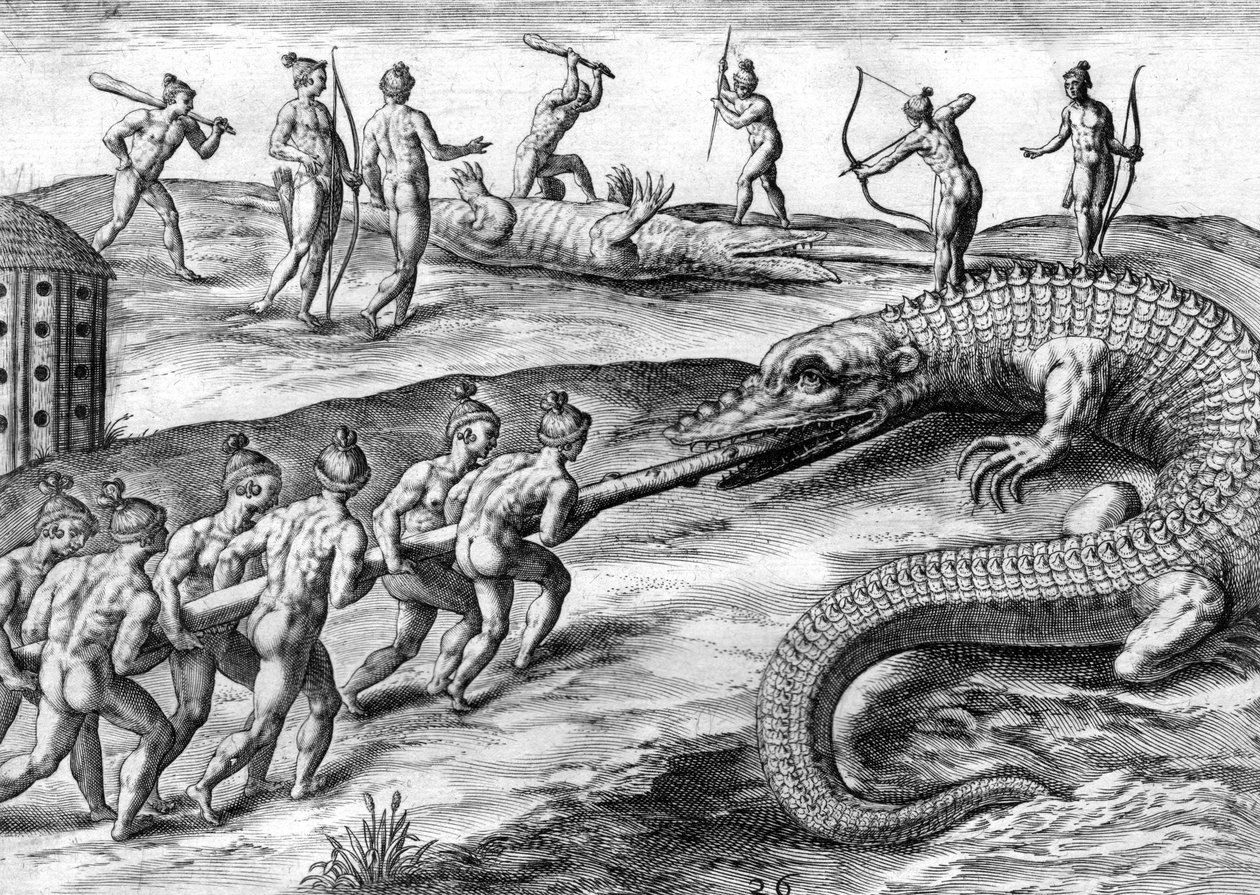Timucuan-indianen jagen op alligator door Theodor de Bry